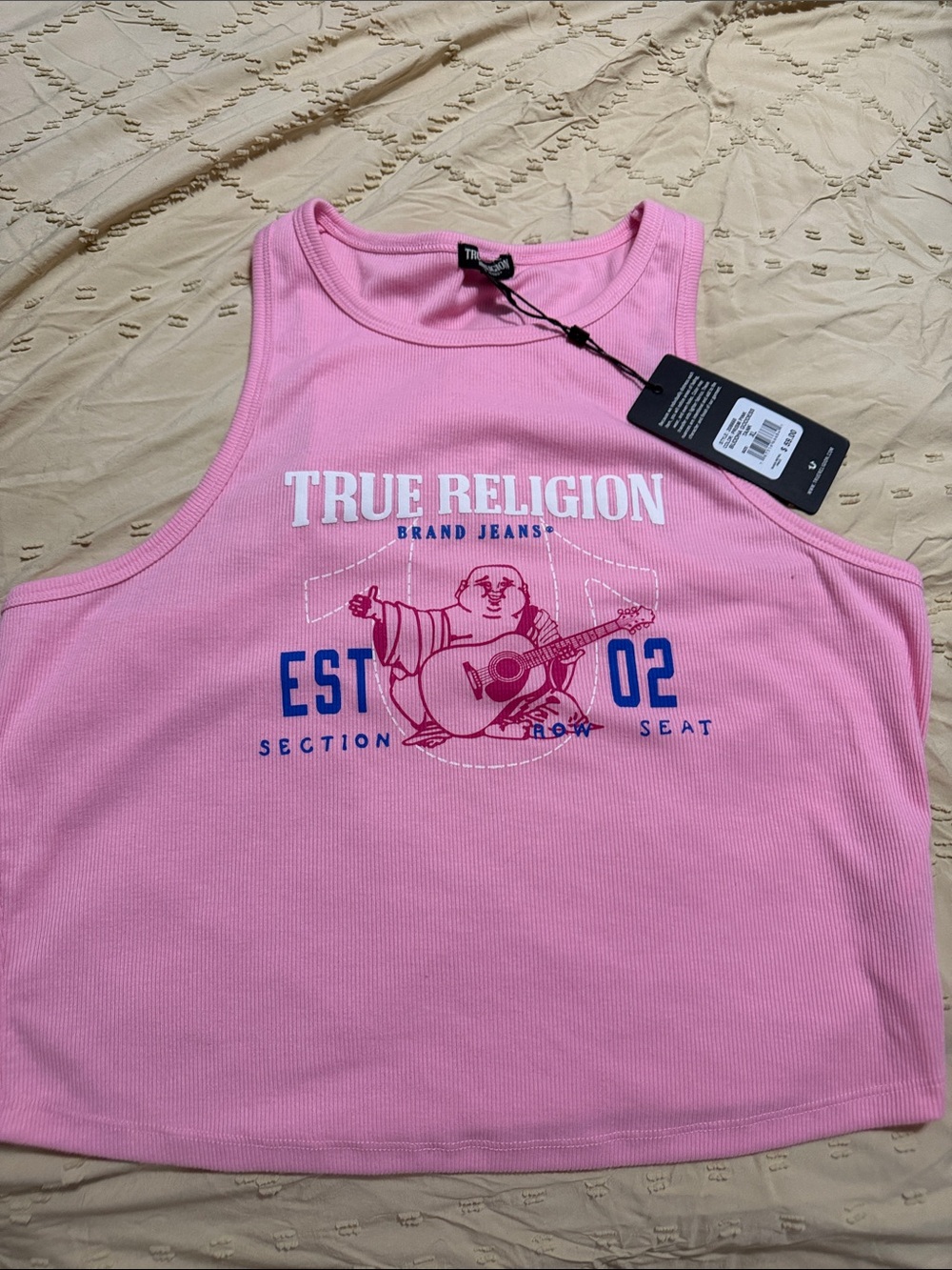 True Religion Pink Ribbed Graphic Cropped Tank